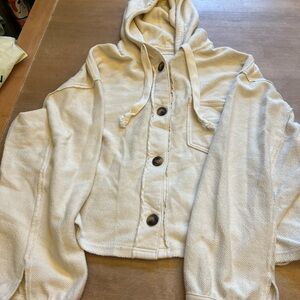 American Eagle Outfitters Cream Button-Down Hooded Top